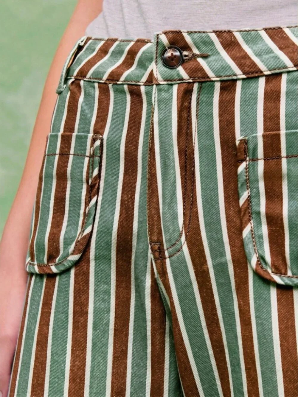 Green & Brown Striped Flare Denim Jeans with Front Pockets